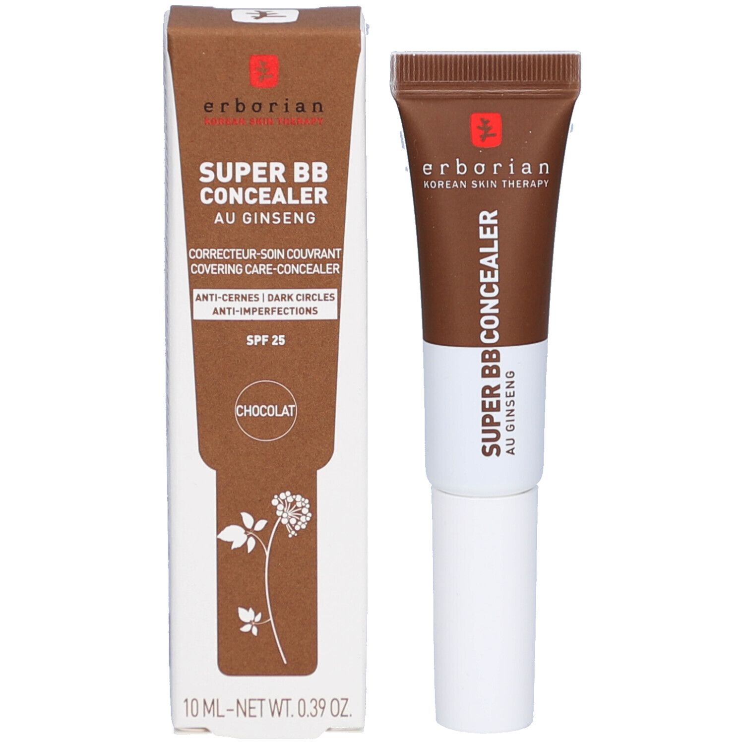 Produkt und Verpackung. Tube und Schachtel. Aufschrift: SUPER BB CONCEALER, AU GINSENG, CHOCOLAT. Marke: Erborian.
