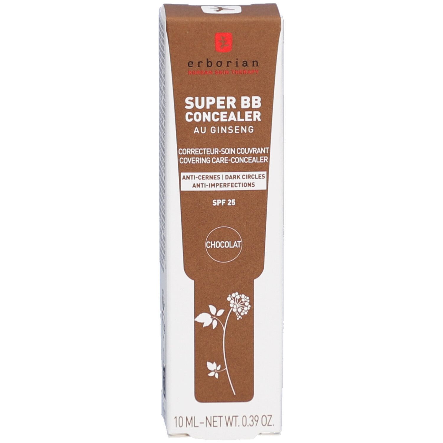 Braune Schachtel. Aufschrift: SUPER BB CONCEALER, AU GINSENG, CHOCOLAT. Marke: Erborian. Mit floralem Muster.