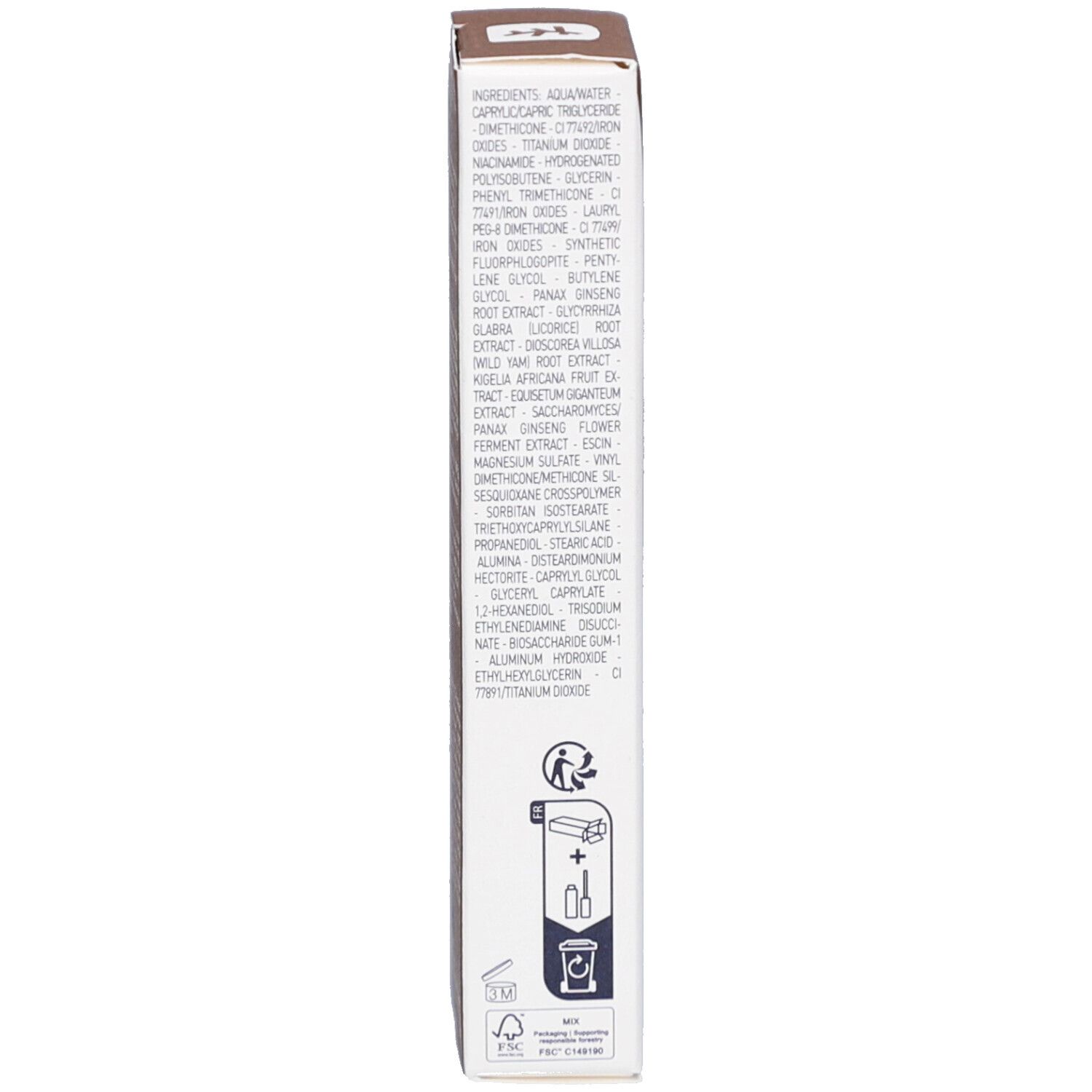 Seite der Schachtel. Auflistung der Inhaltsstoffe. Mit Symbolen für Recycling und Umwelt.