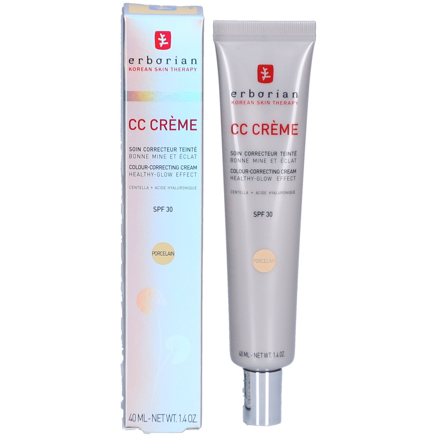 Produktverpackung mit Tube und Schachtel. CC CRÈME, SPF 30, Farbton Porcelain. Marke Erborian.