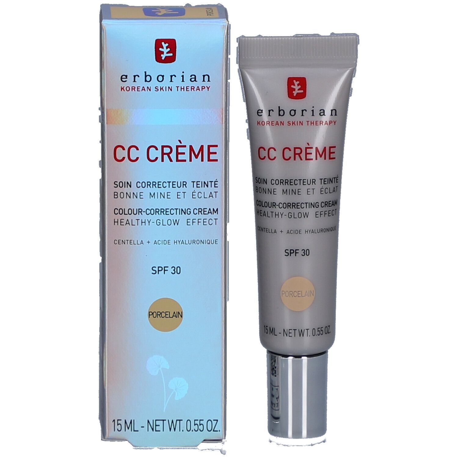 Schachtel und Tube CC Crème Porcelain. Marke: Erborian. Farbkorrigierende Creme mit SPF 30. 15 ml.