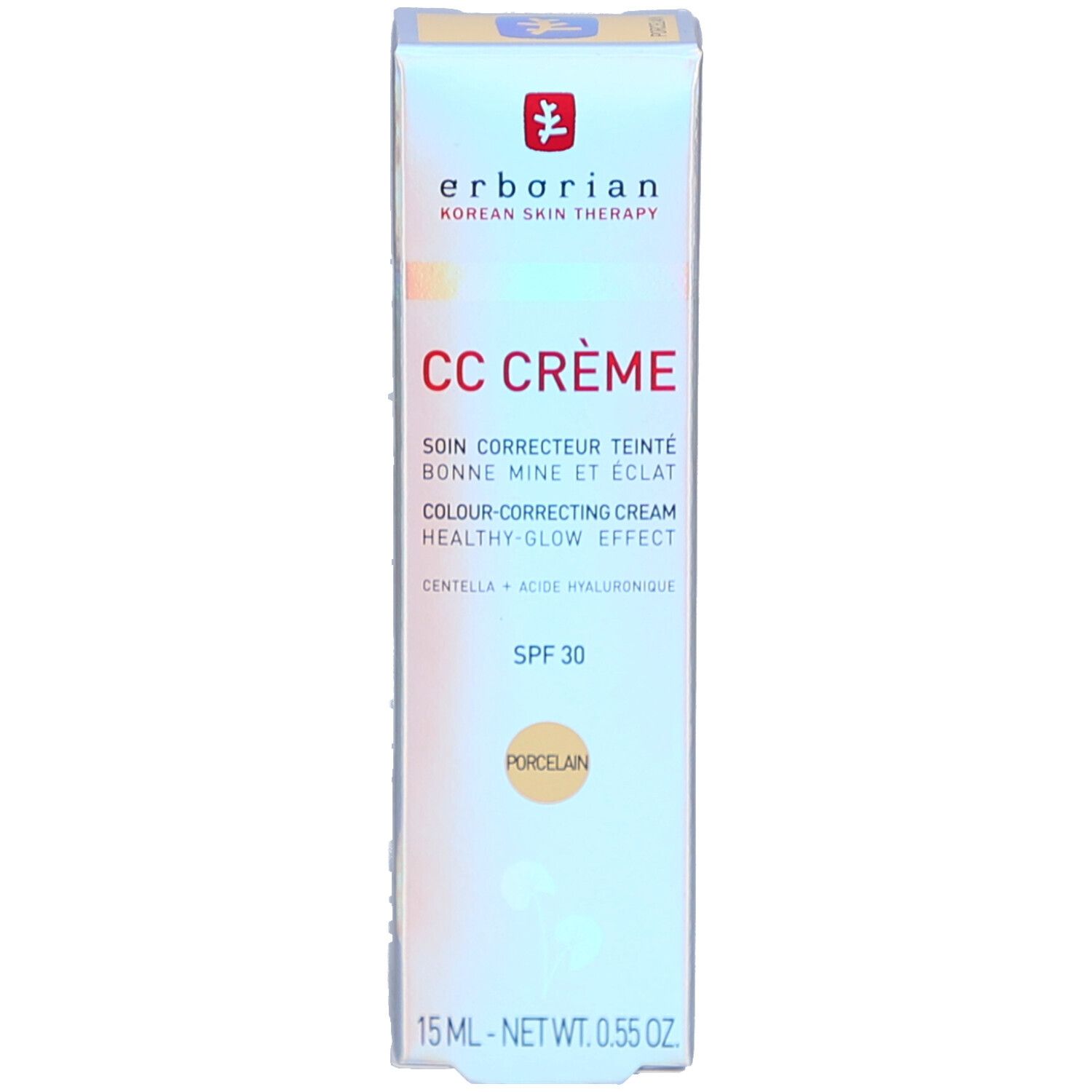 Schachtel CC Crème Porcelain. Marke: Erborian. Farbkorrigierende Creme mit SPF 30. 15 ml.