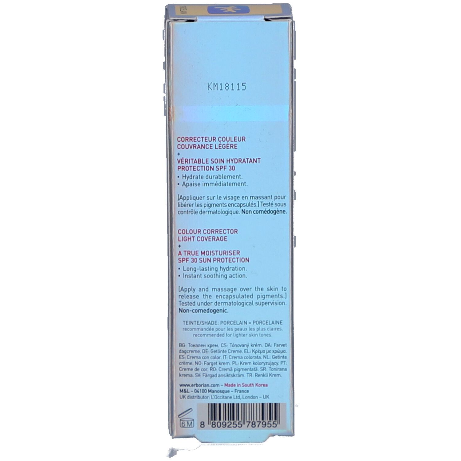 Rückseite der CC Crème Schachtel. Text in Französisch. Enthält Informationen zu Inhaltsstoffen und Anwendung.