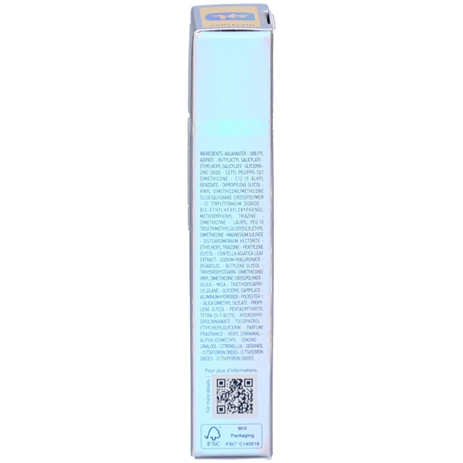 Seite der CC Crème Schachtel. Auflistung der Inhaltsstoffe in Französisch.