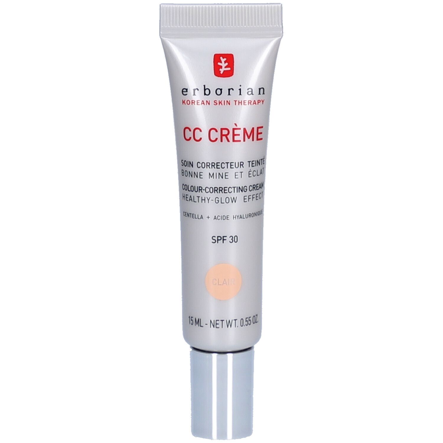 Silberne Tube mit CC Crème Clair. Marke: Erborian. Text: SPF 30, 15 ml. Farbton: Clair. Koreanische Hauttherapie.