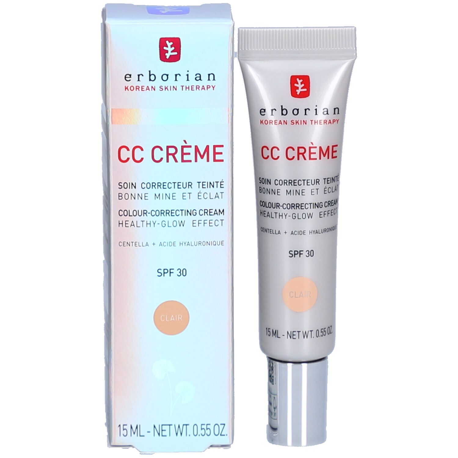 CC Crème Clair und Verpackung. Marke: Erborian. Text: SPF 30, 15 ml. Farbton: Clair. Koreanische Hauttherapie. Soin correcteur.