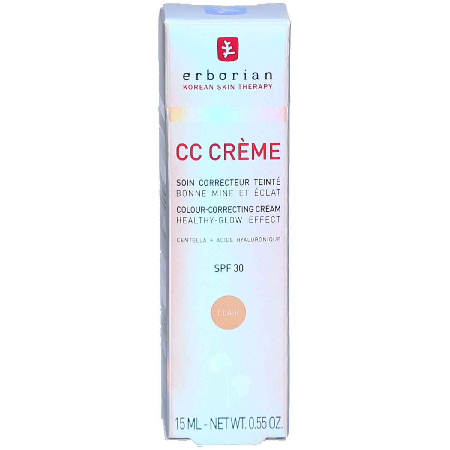 Verpackung von CC Crème Clair. Marke: Erborian. Text: SPF 30, 15 ml. Farbton: Clair. Koreanische Hauttherapie. Soin correcteur.