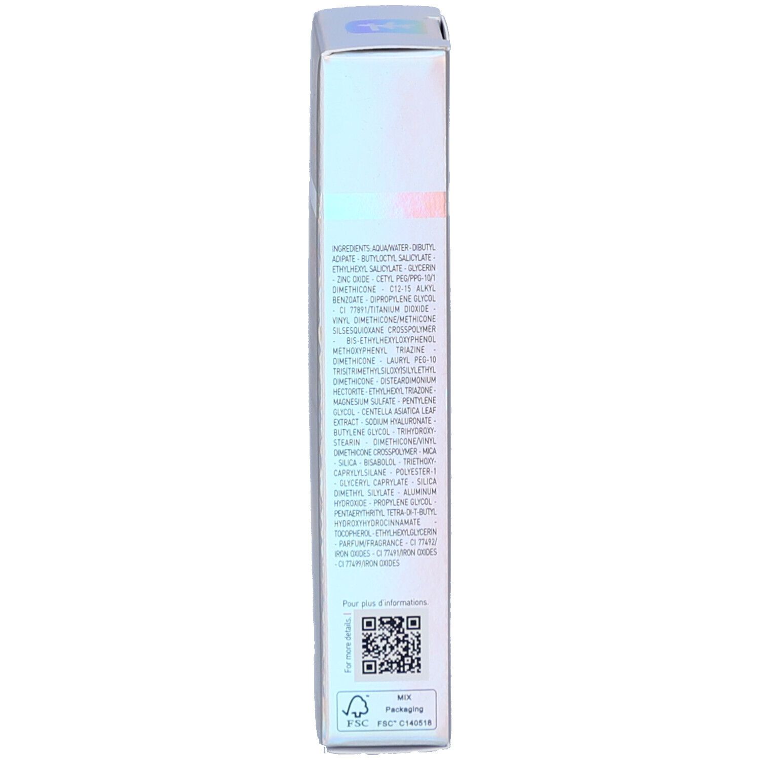 Verpackung, Seite. Text: Inhaltsstoffe. QR-Code. FSC-Zertifizierung. Recycling-Symbol. Hergestellt in Südkorea.