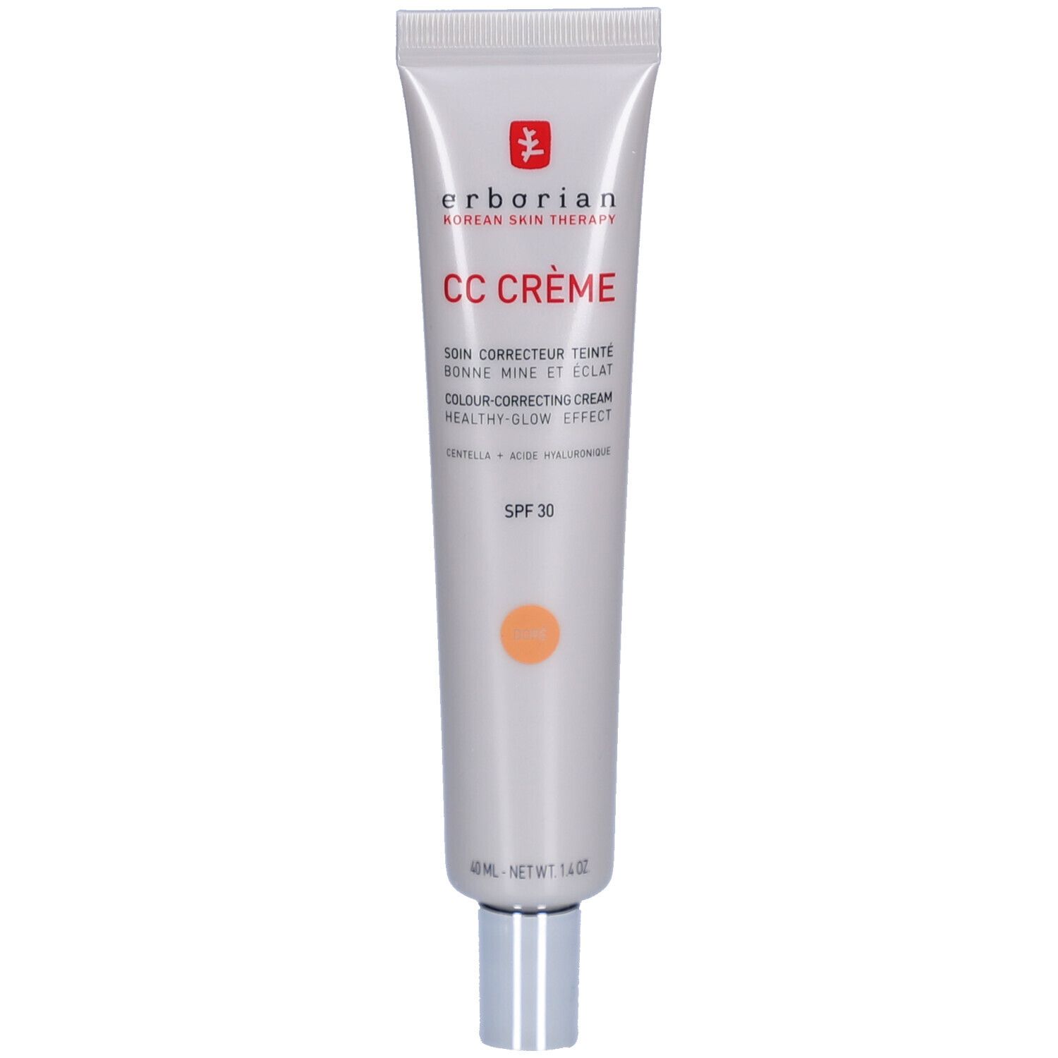 Creme-Tube mit CC Crème. Marke: Erborian. Farbton: Doré. Enthält SPF 30. Weißer Tube mit silberner Kappe.