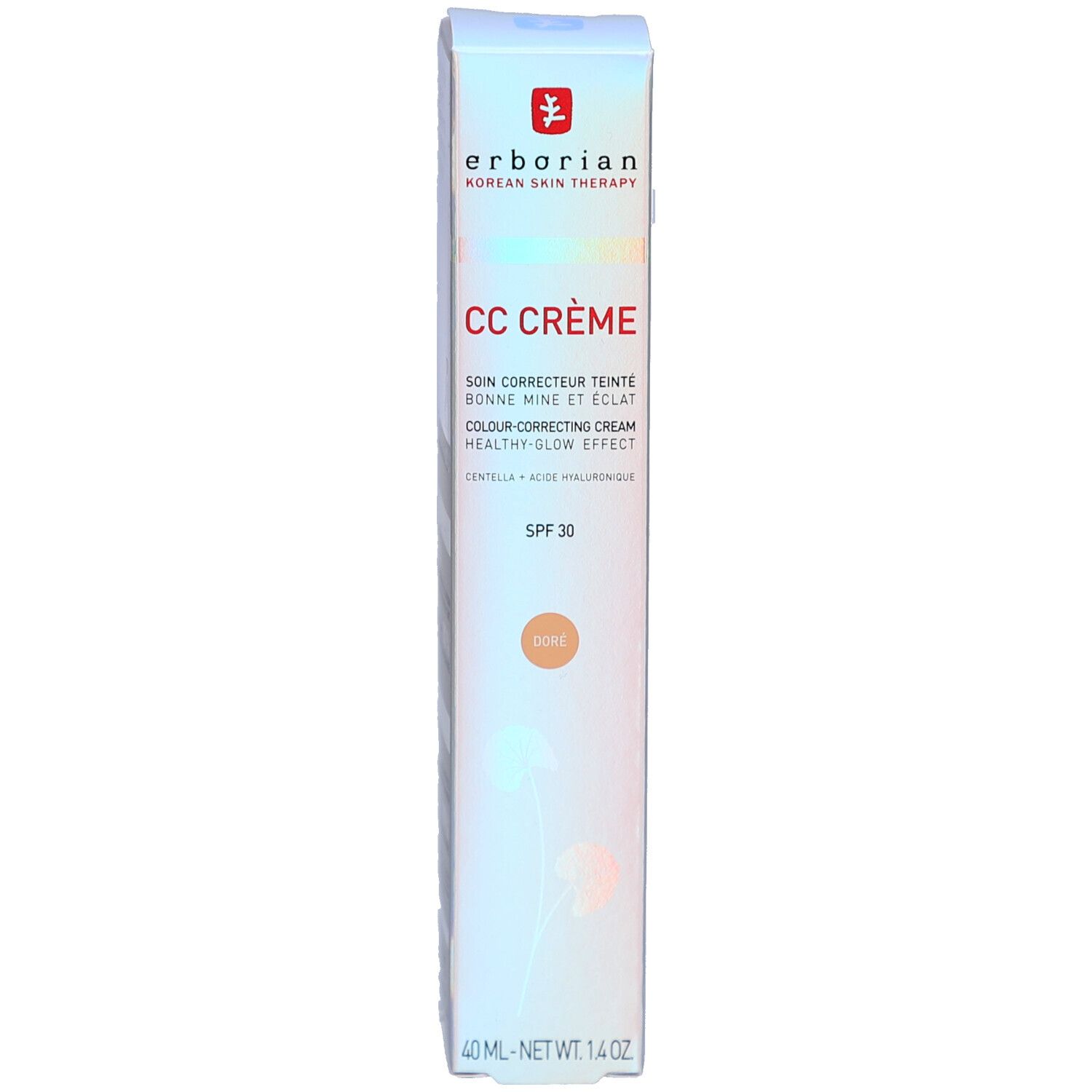 Verpackung der CC Crème Doré. Marke: Erborian. Enthält SPF 30. Aufdruck: CC Crème.