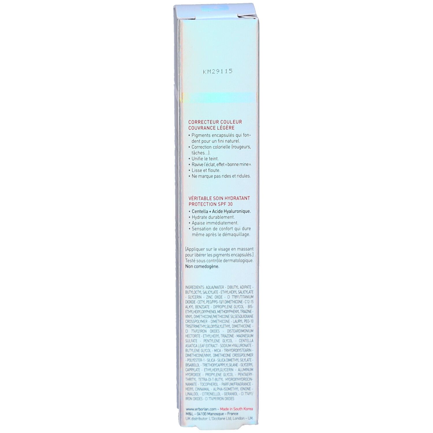 Seite der CC Crème Verpackung. Text in Französisch. Enthält Inhaltsstoffe und Produktinformationen.