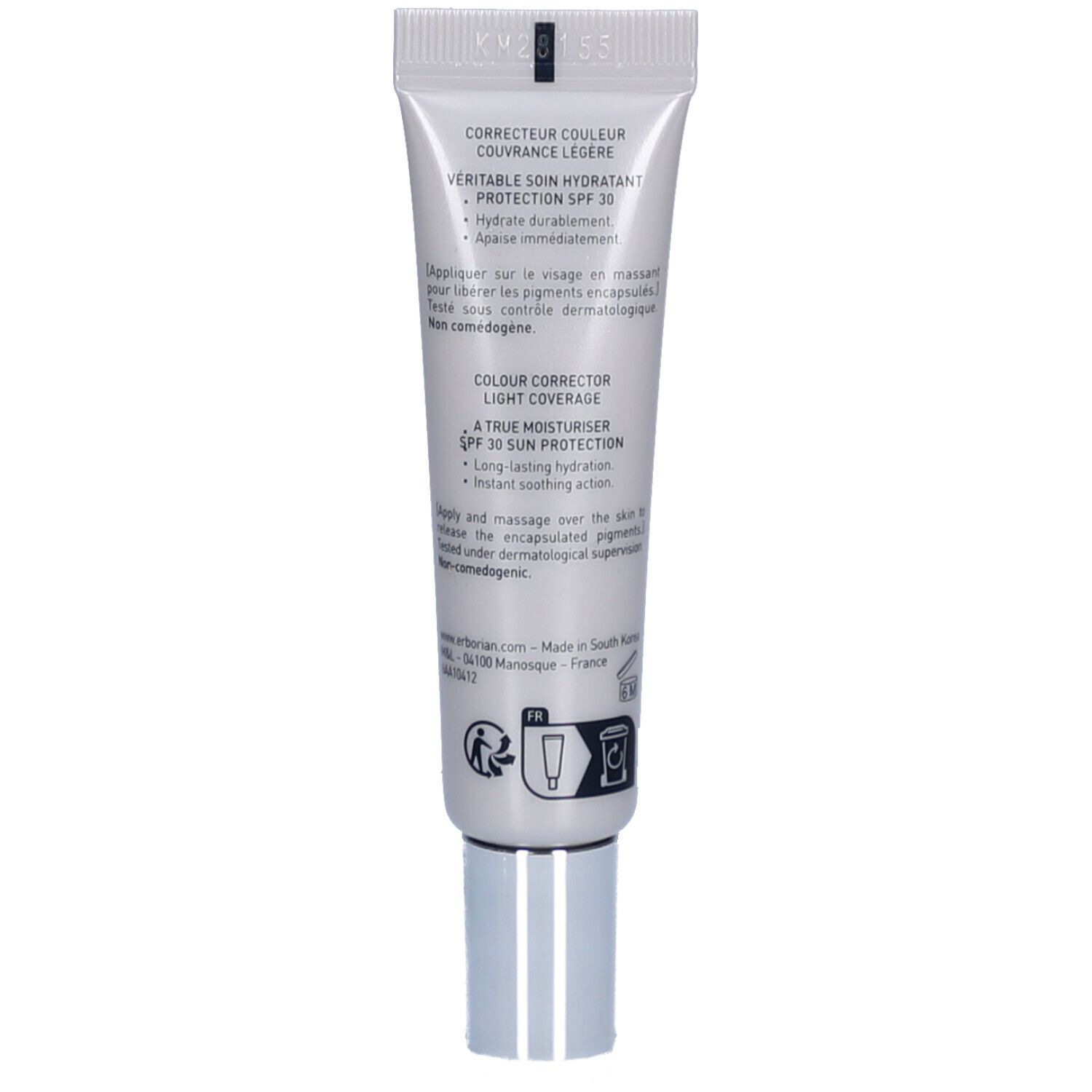 Rückseite des Creme-Tubes. Text über Farbkorrektur, Feuchtigkeitspflege und SPF 30. Dermatologisch getestet.