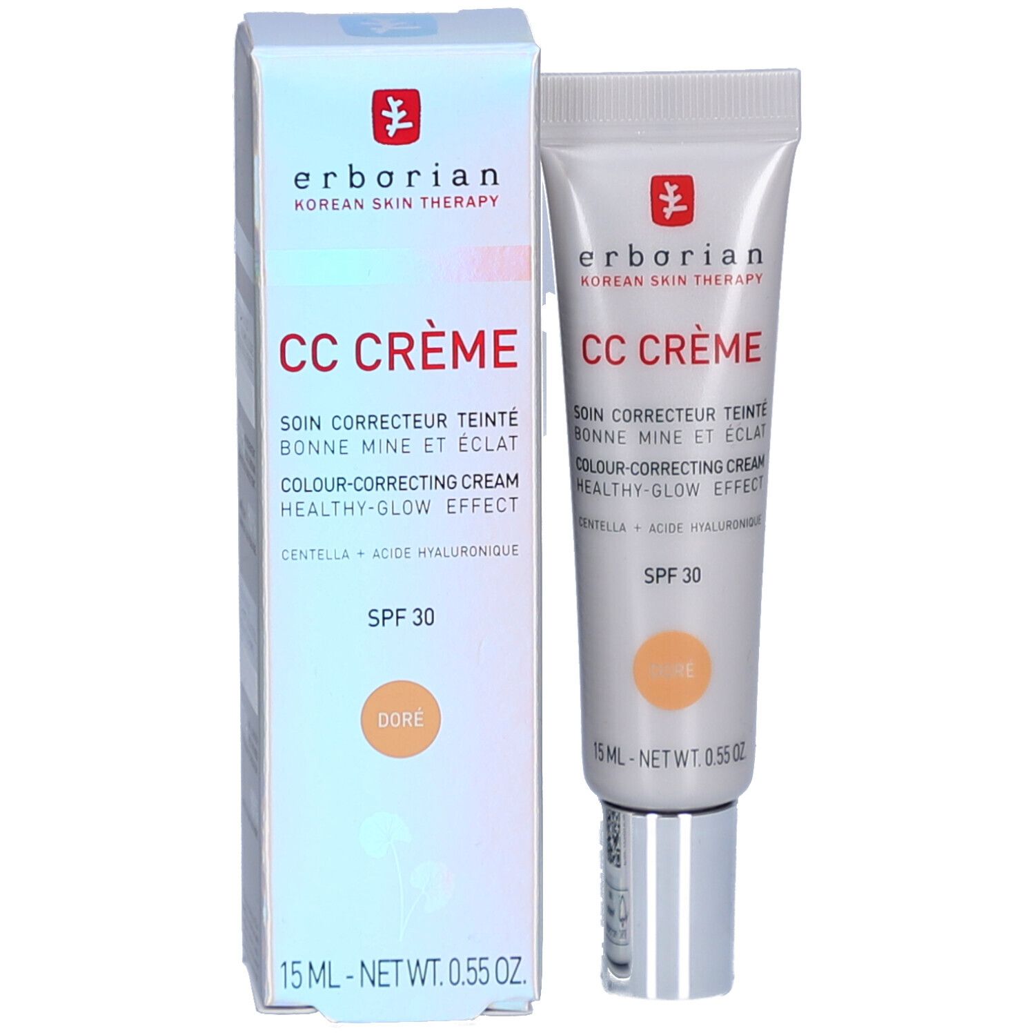 Produktverpackung und Tube. Aufschrift CC CRÈME. Farbkorrigierende Creme mit SPF 30. Farbton Ocre. 15 ml.