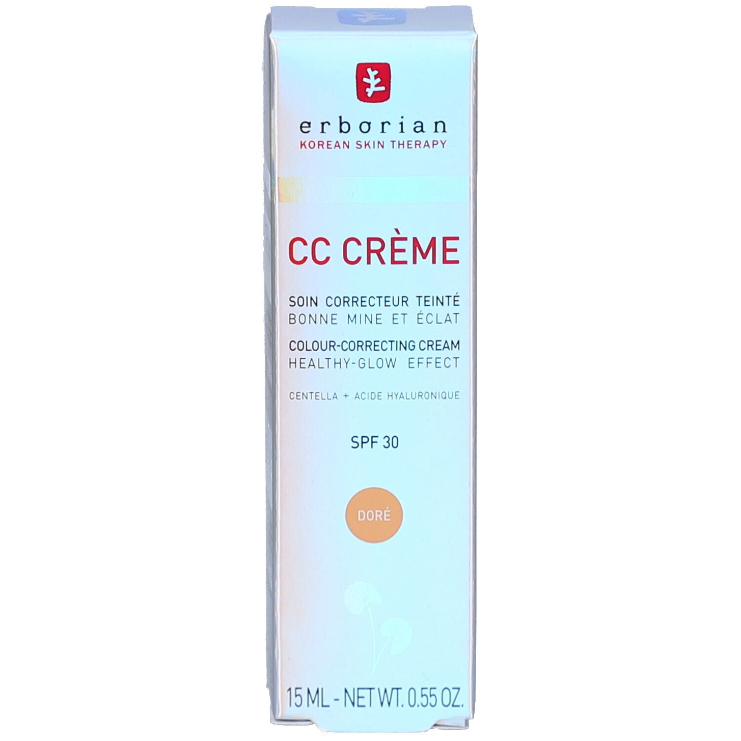 Produktverpackung. Aufschrift CC CRÈME. Farbkorrigierende Creme mit SPF 30. Farbton Doré. 15 ml.