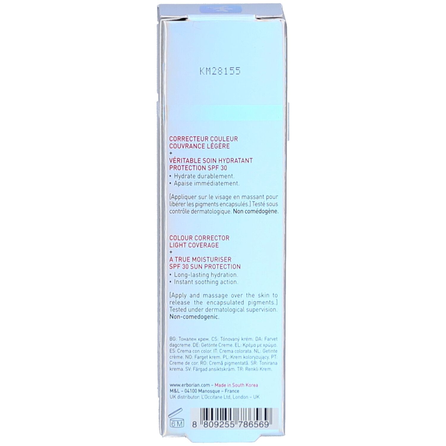 Rückseite der Produktverpackung. Text über Farbkorrektur, Feuchtigkeitspflege und SPF 30. Inhaltsstoffe.