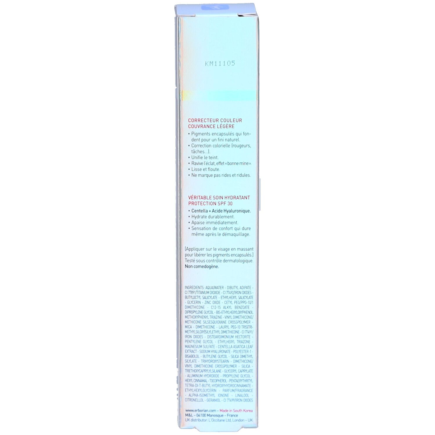 Rückseite der Schachtel. Text über Farbkorrektur, Feuchtigkeitspflege und SPF 30. Inhaltsstoffe und Symbole.