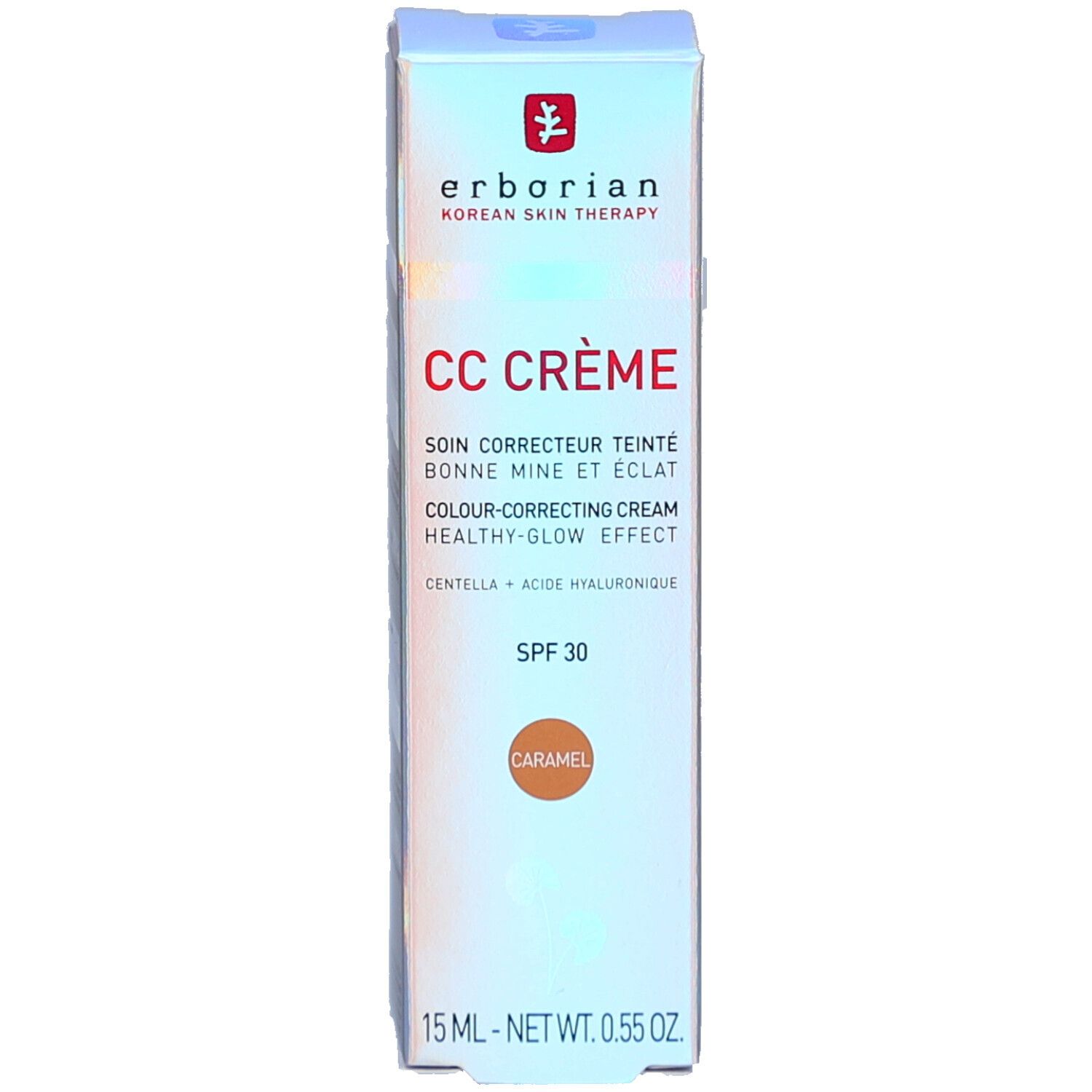 Produktverpackung. Aufschrift CC CRÈME, SPF 30, Farbe Caramel. Marke: Erborian. Text in Französisch.