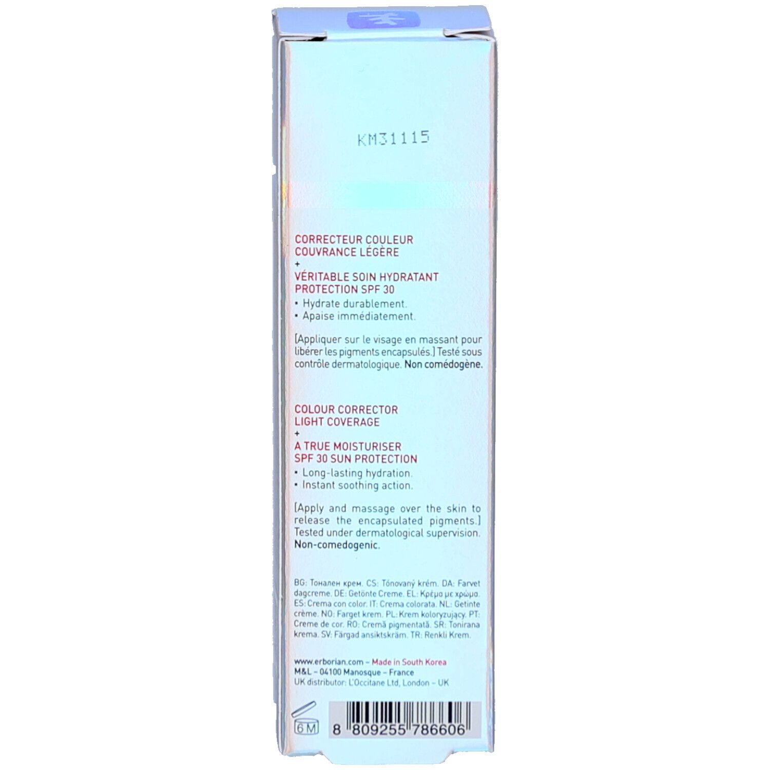 Seite der Produktverpackung. Text in französischer und englischer Sprache. Enthält Produktinformationen.