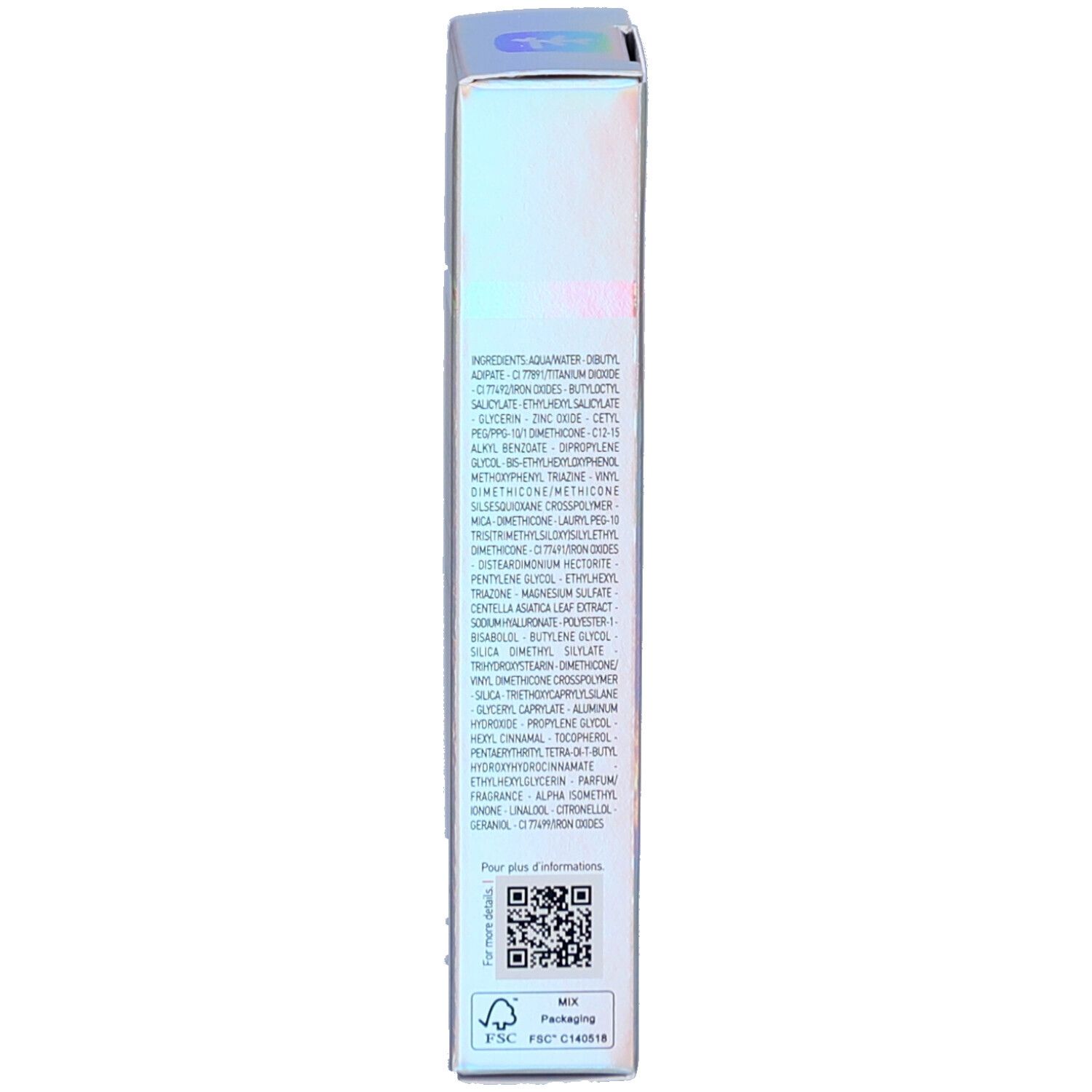 Seite der Produktverpackung. Enthält Inhaltsstoffe und weitere Informationen. Text in französischer Sprache.