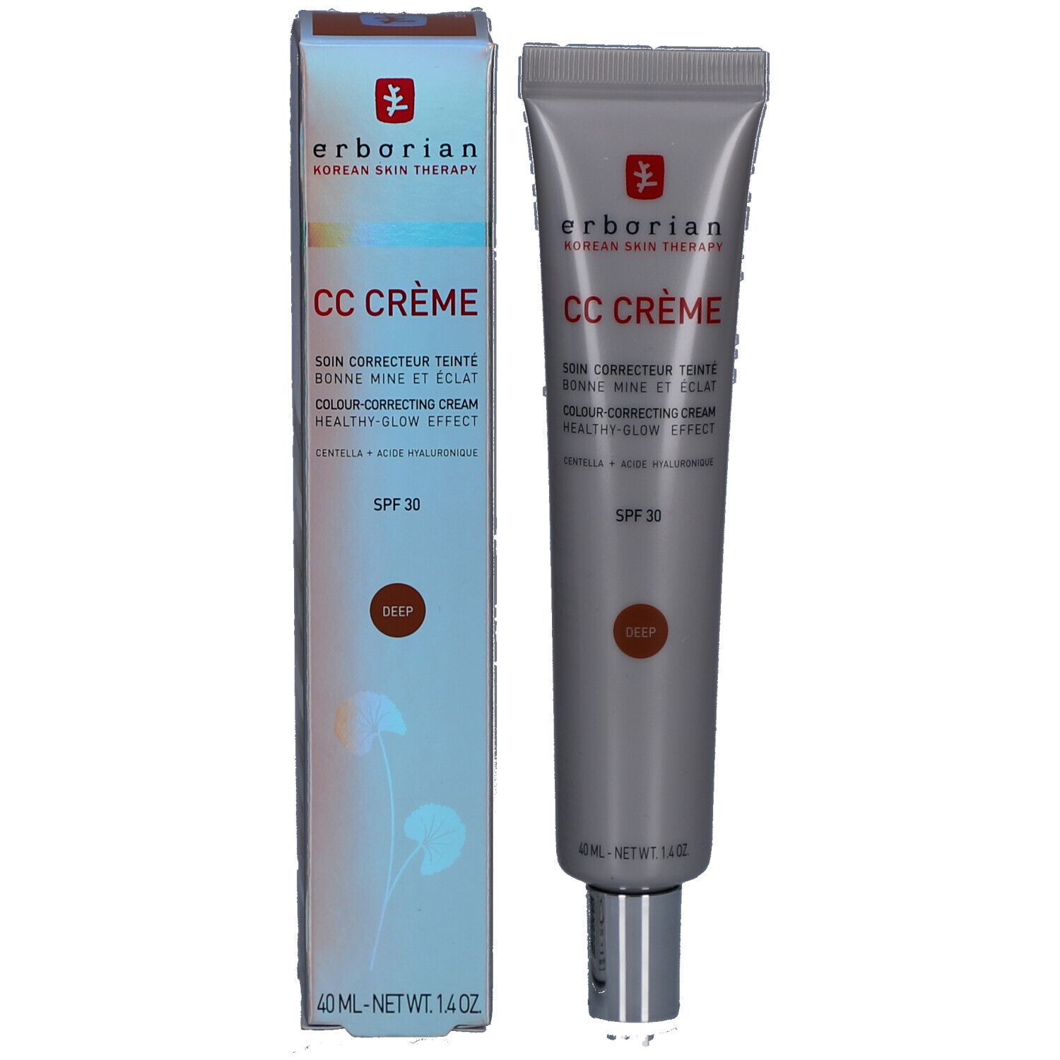 CC Crème Deep Tube und Schachtel. Text: SPF 30, Farbe Deep. Marke: Erborian.