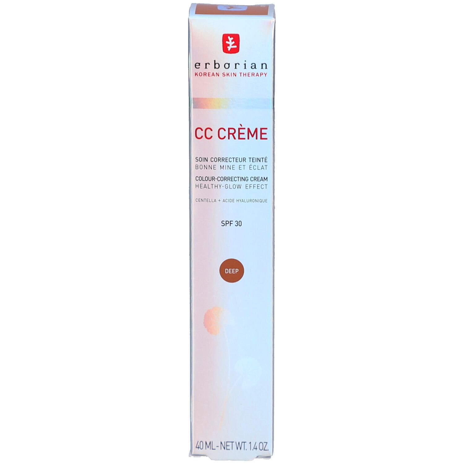 Schachtel mit CC Crème Deep. Text: SPF 30, Farbe Deep. Marke: Erborian.