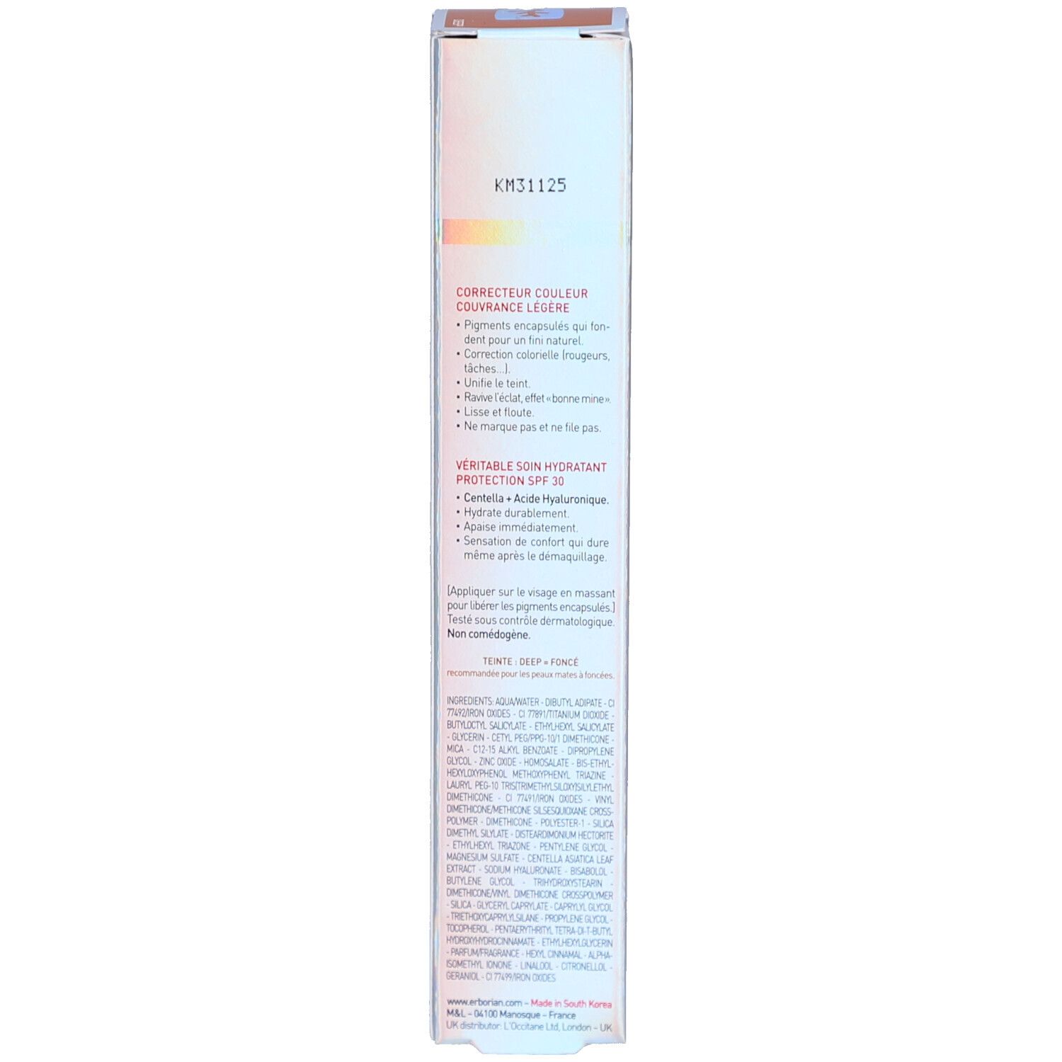 Seite der Schachtel. Text: CC Crème, SPF 30, Farbe Deep. Inhaltsstoffe.