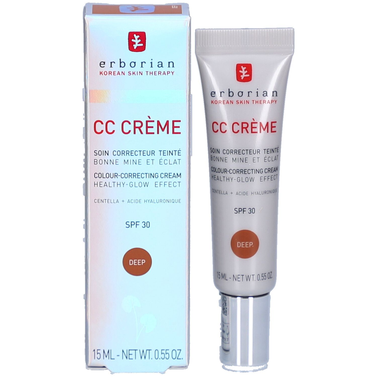 Produkt und Verpackung. Weiße Schachtel und Tube. Aufschrift: CC CRÈME, SPF 30, Deep. Marke: Erborian.