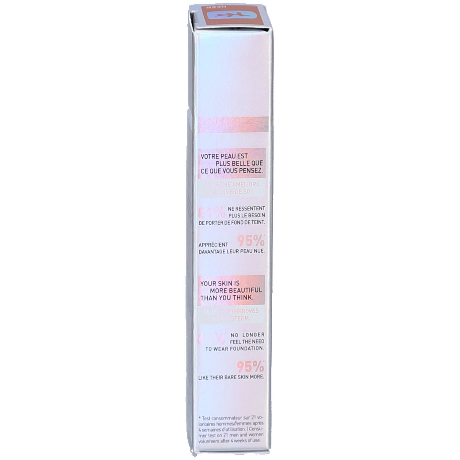 Schachtelrückseite. Text: Ihre Haut ist schöner, als Sie denken. 95% bevorzugen ihre nackte Haut.