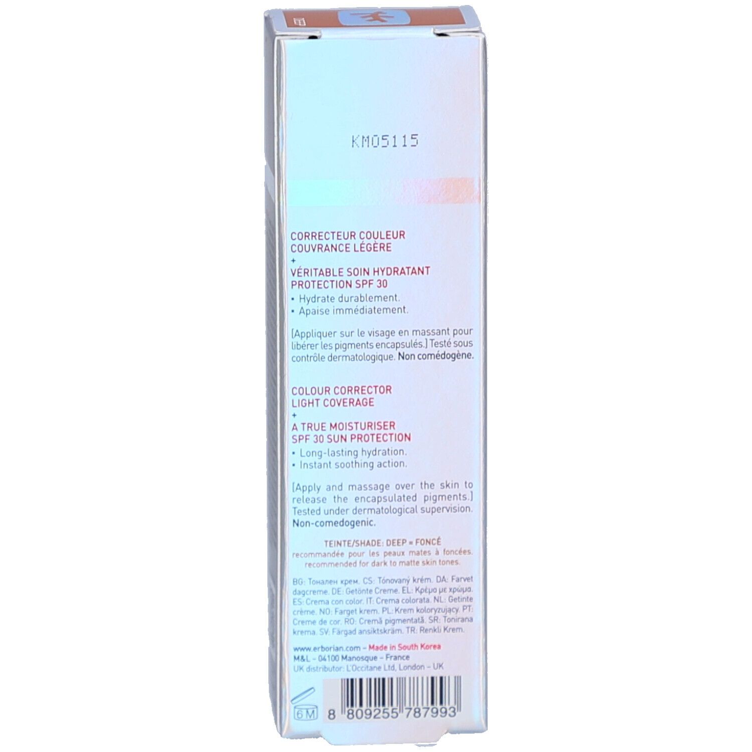 Schachtelrückseite. Text: CORRECTEUR COULEUR, PROTECTION SPF 30. Inhaltsstoffe und Anwendungshinweise.