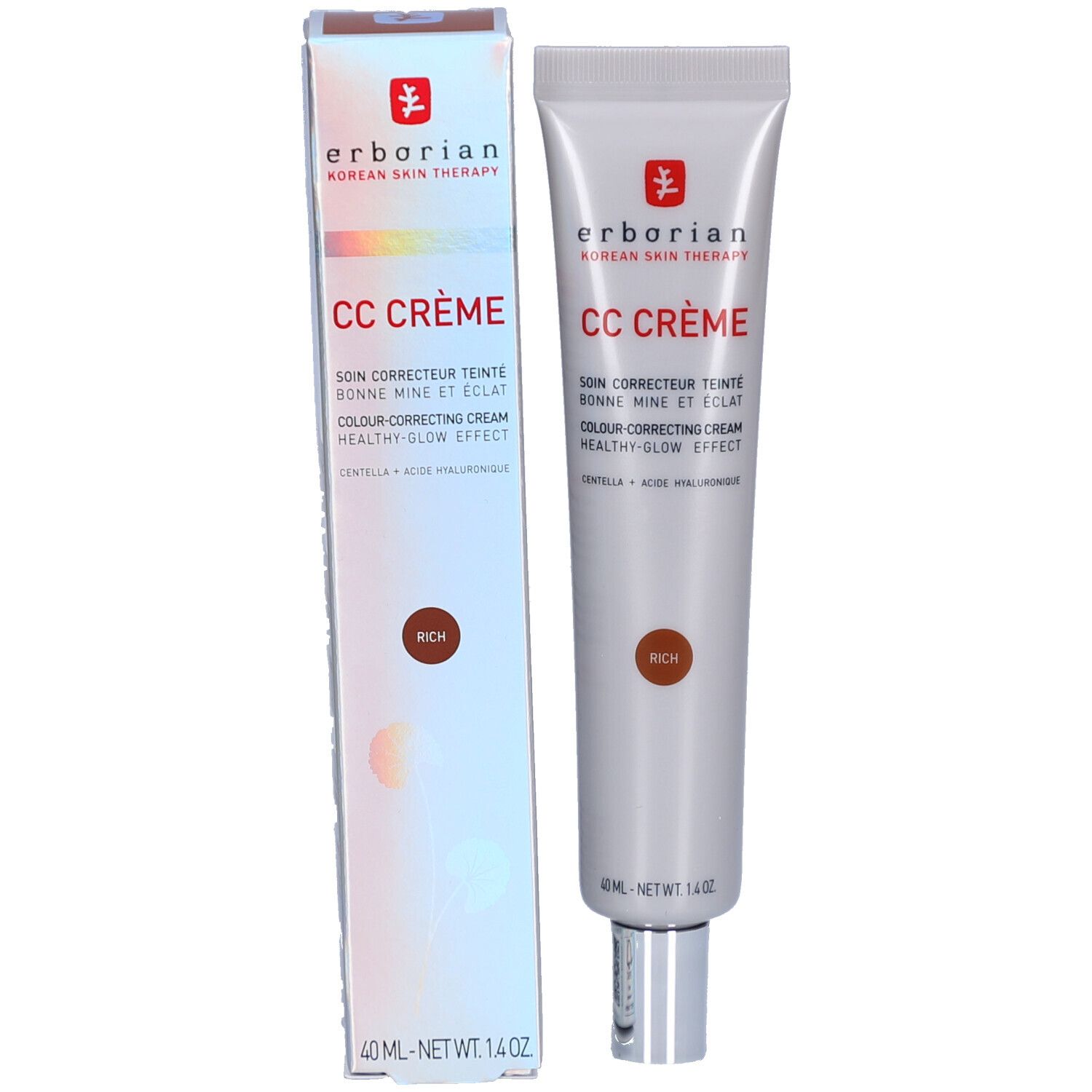 Produktverpackung mit Tube und Schachtel. Tube: CC CRÈME, Rich. Schachtel: CC CRÈME, Text und Farbverlauf.