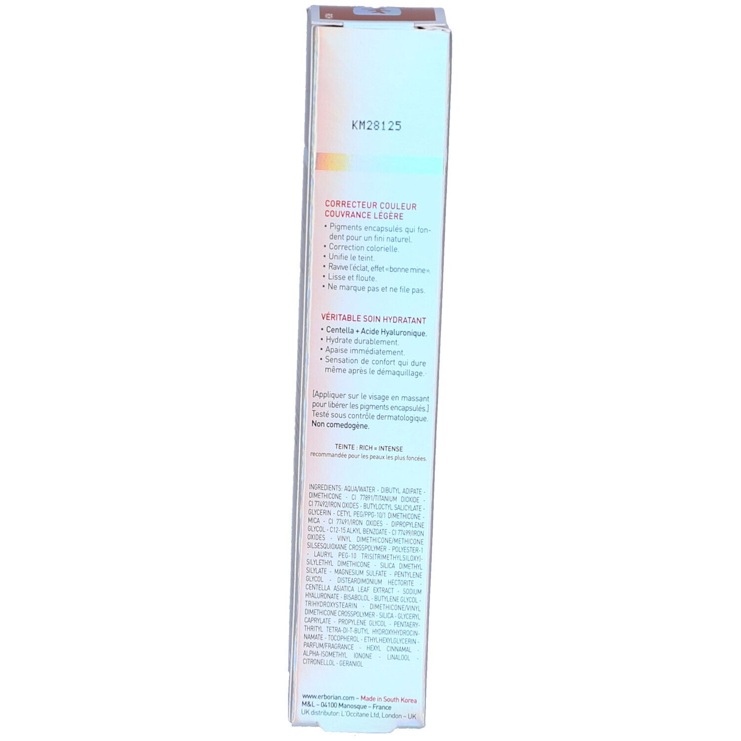 Seite der Schachtel. Text und Inhaltsstoffe. Produktinformationen und Herstellerangaben.