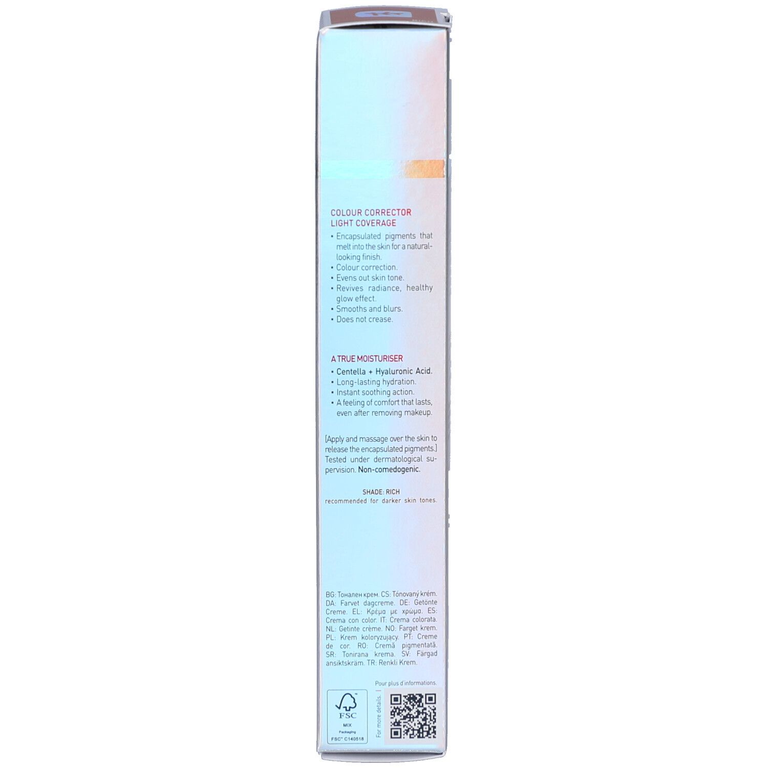 Seite der Schachtel. Text: Colour Corrector Light Coverage. Produktinformationen und Herstellerangaben.