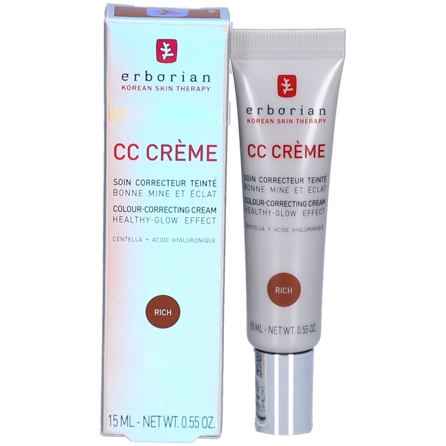 CC Crème Rich in Verpackung. Tube und Schachtel. Aufschrift: CC CRÈME, Farbe Rich. 15 ml.