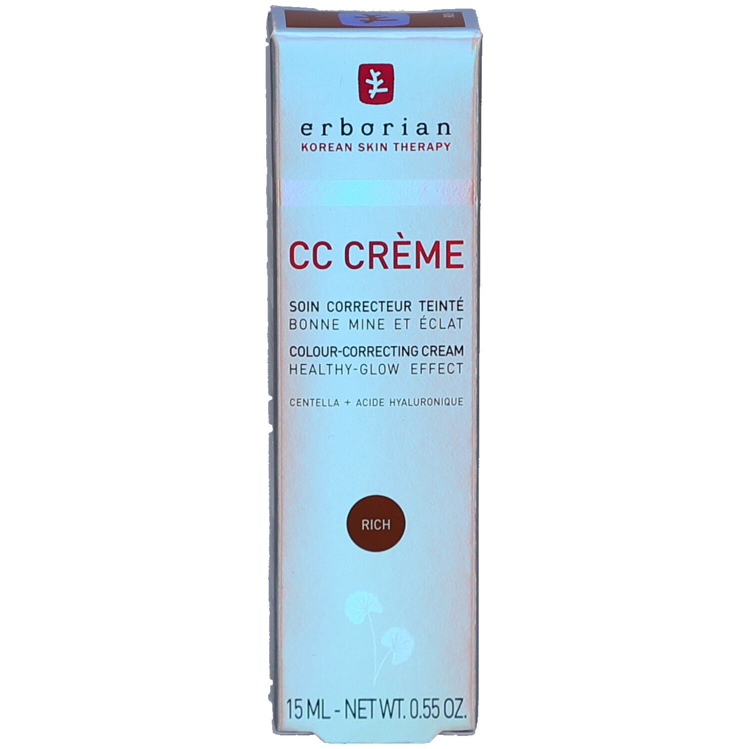 Schachtel mit CC Crème Rich. Aufschrift: CC CRÈME, Farbe Rich. 15 ml. Produktabbildung.