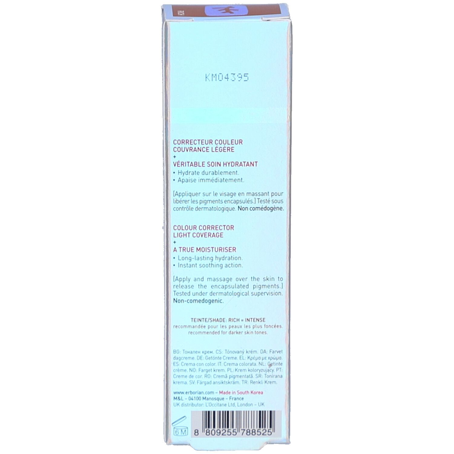 Rückseite der Schachtel. Text über Farbkorrektur, Feuchtigkeitspflege. Inhaltsstoffe und Anwendung.