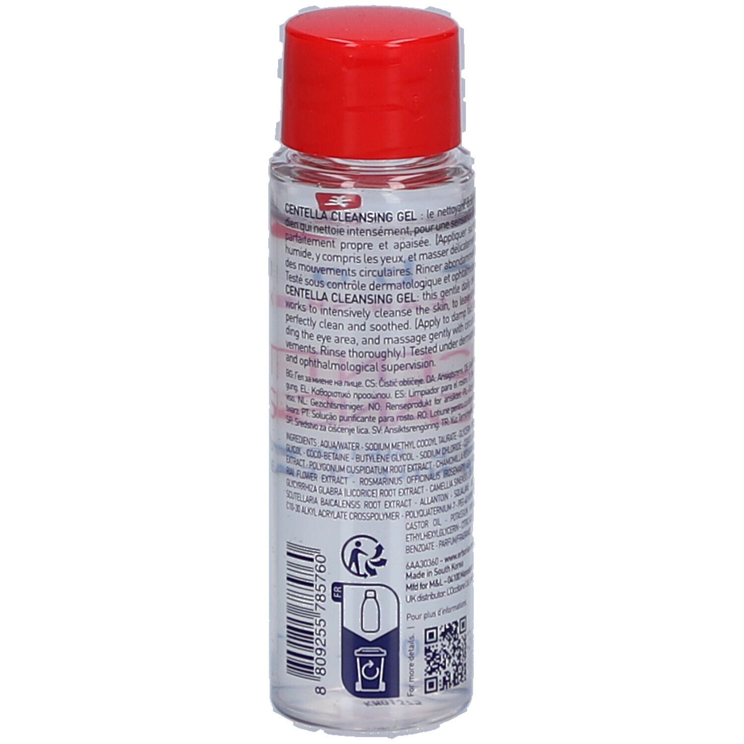 Transparente Flasche mit rotem Deckel. Rückseite mit Text und QR-Code. Marke: Erborian.