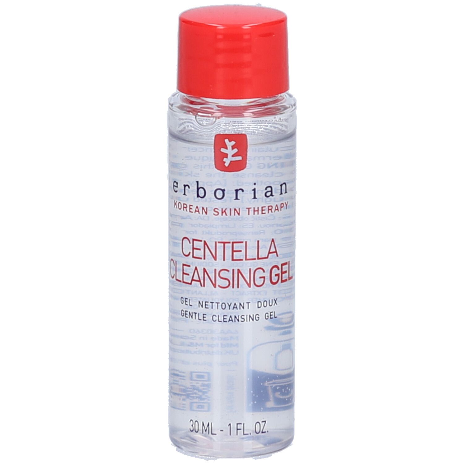Transparente Flasche mit rotem Deckel. Aufschrift: Centella Cleansing Gel, 30 ml. Marke: Erborian.