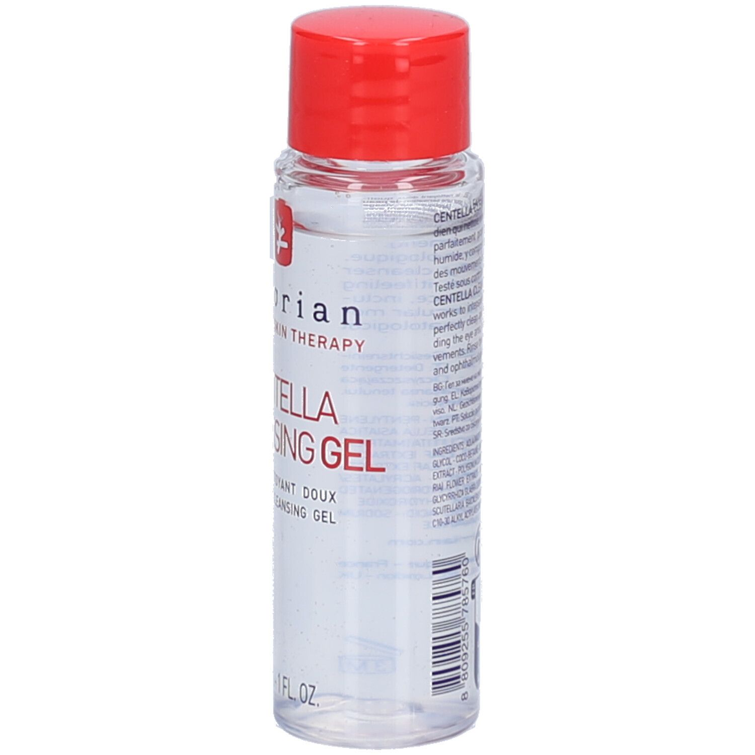 Transparente Flasche mit rotem Deckel. Aufschrift: Centella Cleansing Gel. Marke: Erborian.