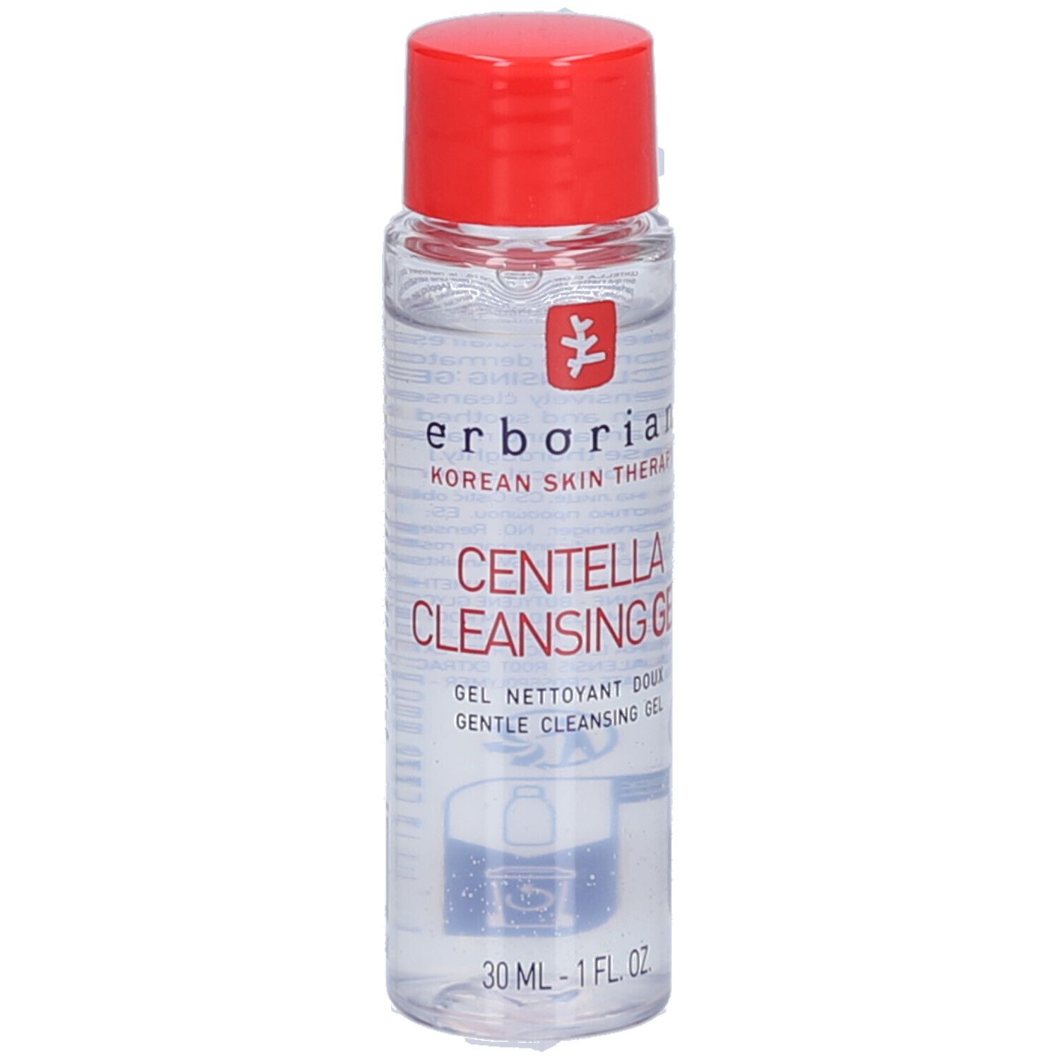 Transparente Flasche mit rotem Deckel. Aufschrift: Centella Cleansing Gel, 30 ml. Marke: Erborian.