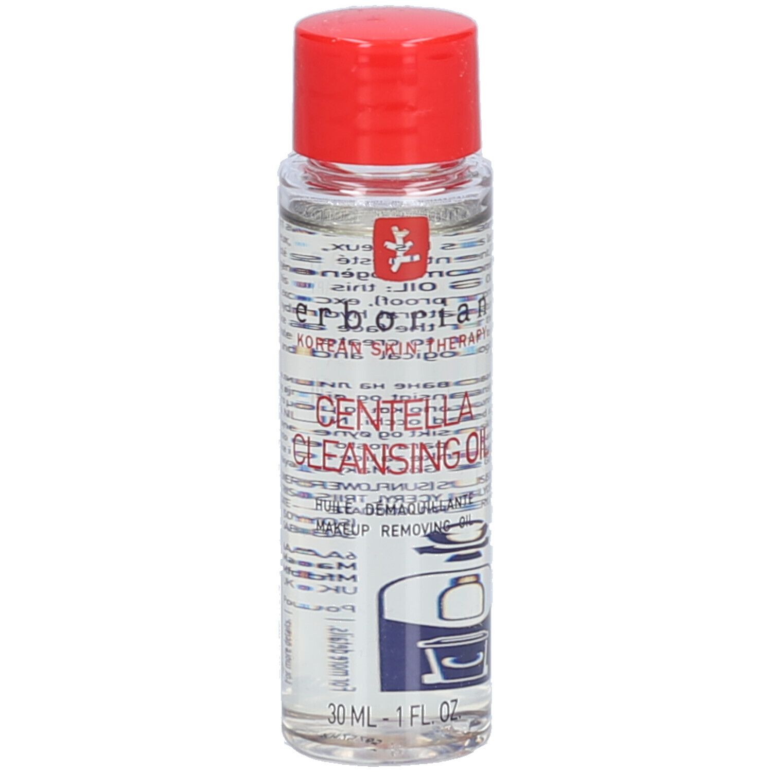 Klare Flasche mit rotem Deckel. Aufschrift: Centella Cleansing Oil. Marke: Erborian. 30 ml.