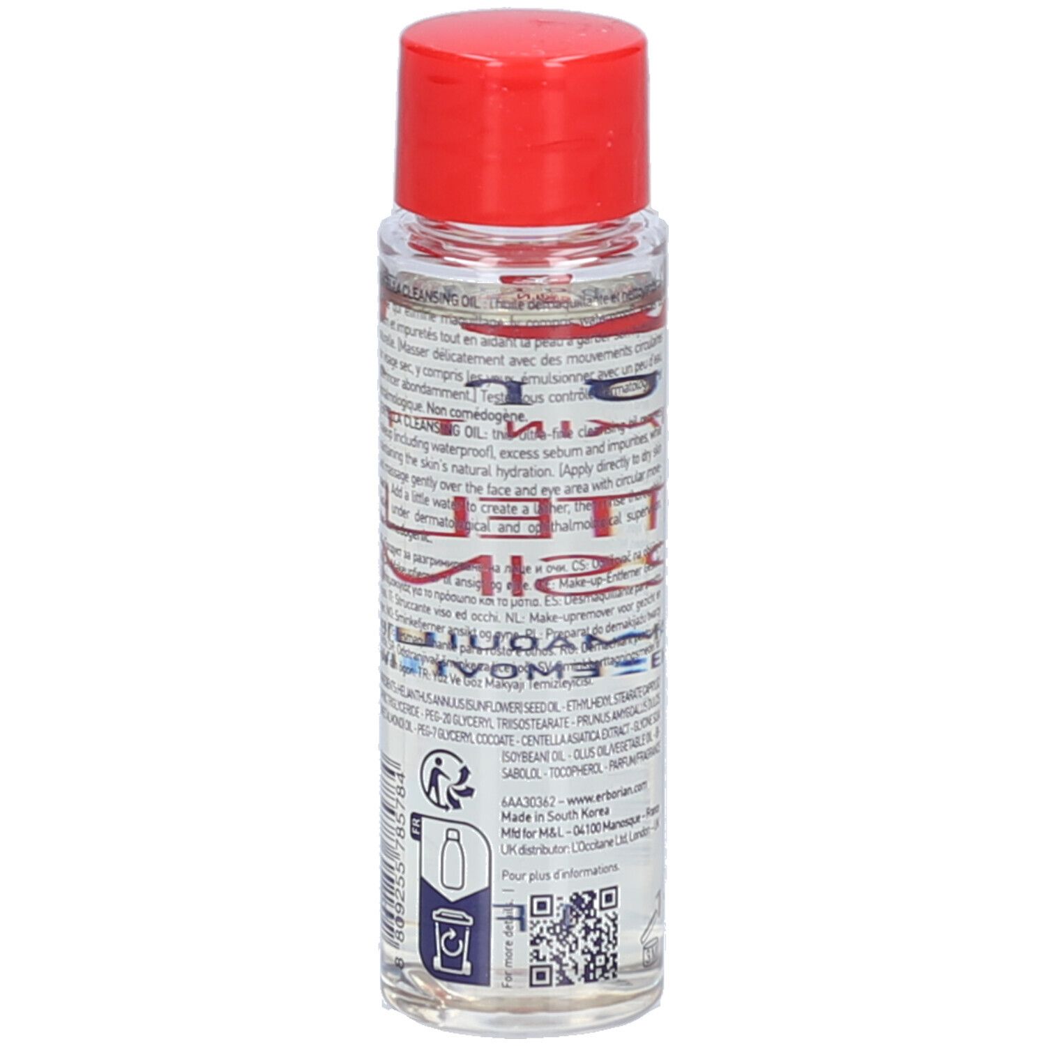 Transparente Flasche mit rotem Deckel. Rückseite mit Text. Marke: Erborian. 30 ml.