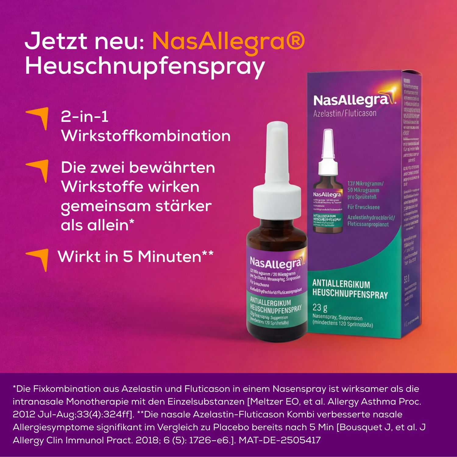 NasAllegra® Heuschnupfenspray und Verpackung. Lila Hintergrund. Text: 2-in-1 Wirkstoffkombination, wirkt in 5 Minuten.