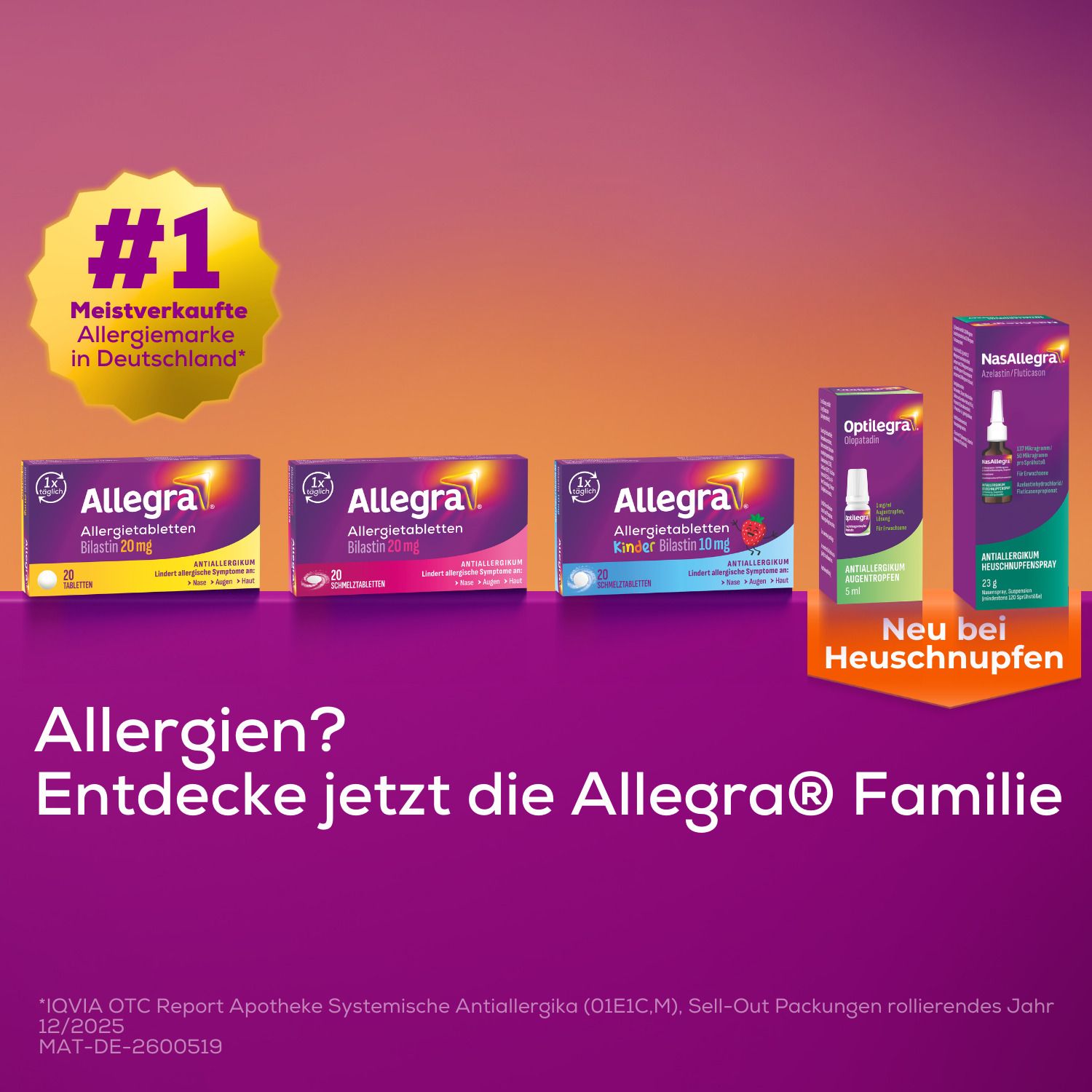 Verschiedene Allegra® Produkte. Gelbes Siegel: #1 meistverkaufte Allergie-Marke in Deutschland. Text: Entdecke jetzt die Allegra® Familie.