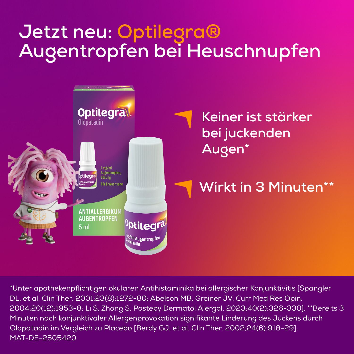 Optilegra Augentropfen und Verpackung. Lila Verpackung mit Produktnamen. Flasche mit weißem Verschluss. Text: 'Wirkt in 3 Minuten'.