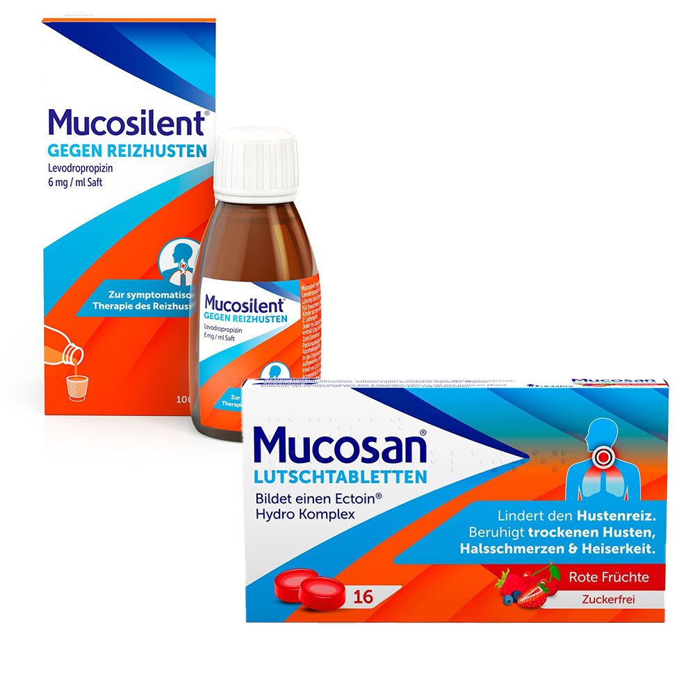 Packungen von Mucosan Lutschtabletten und Mucosilent Hustensaft. Rote Lutschtabletten liegen vor der Packung. Aufdrucke.