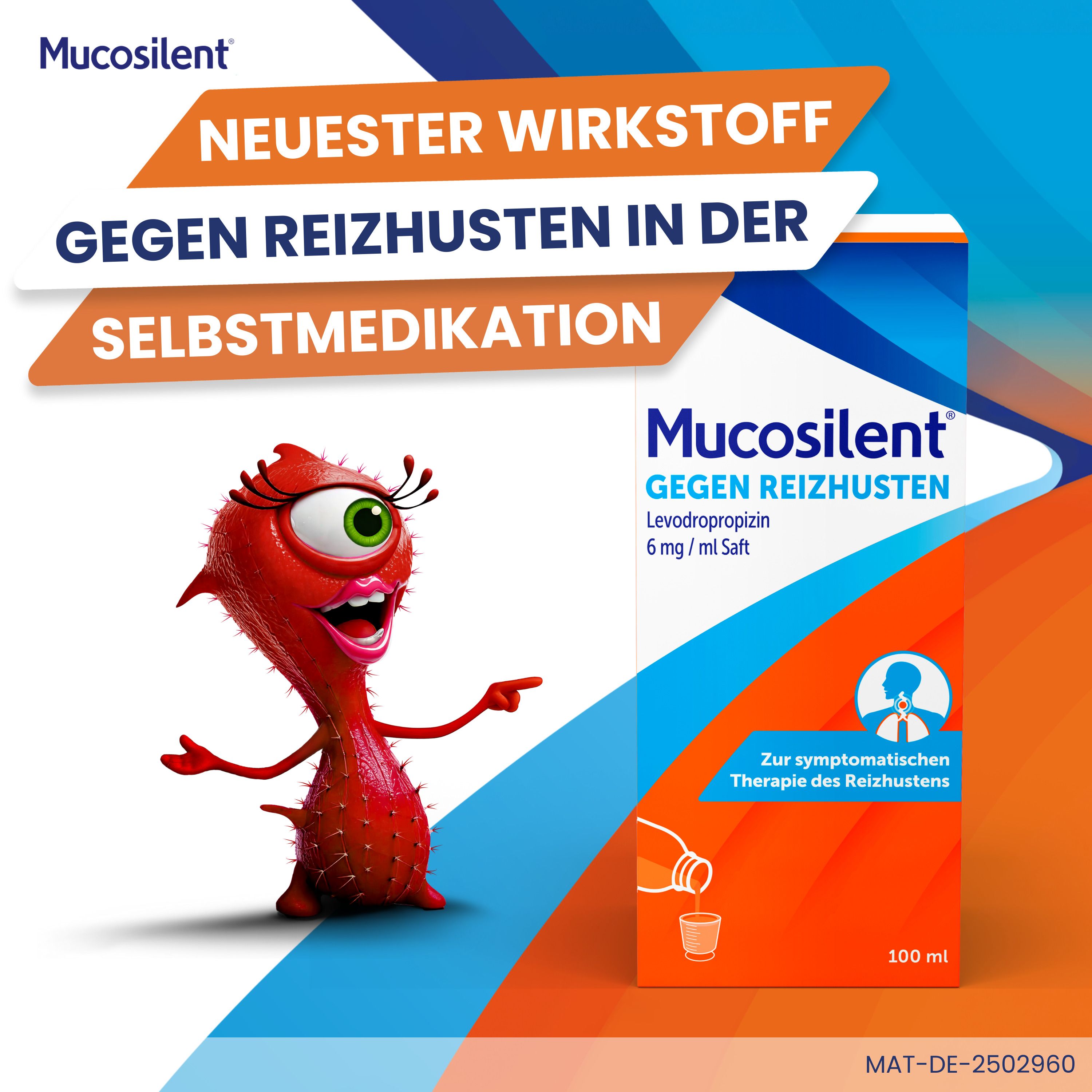 Werbung für Mucosan Lutschtabletten. Rote Figur. Packung mit Lutschtabletten. Text. Orange-blauer Hintergrund.