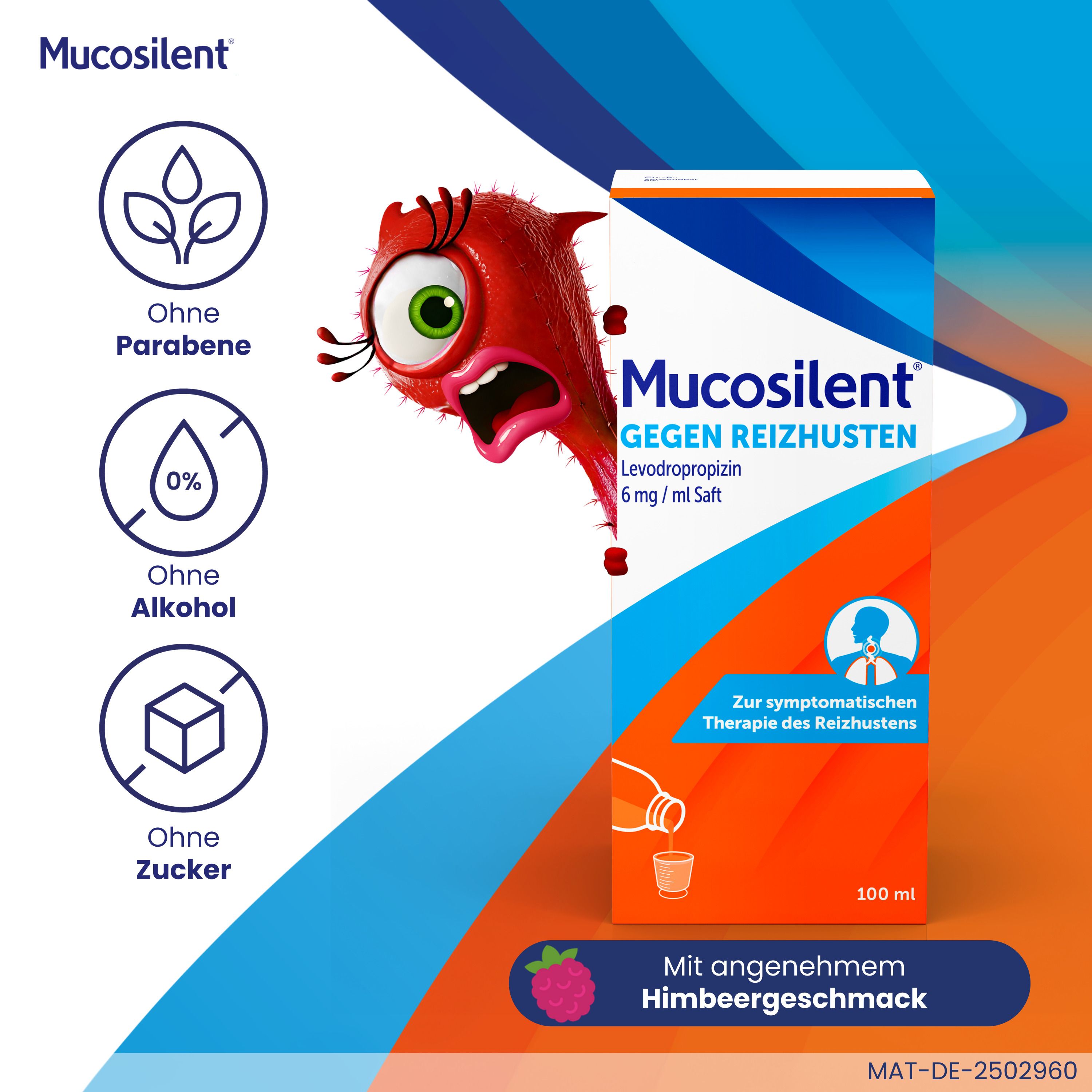 Packung Mucosilent mit Illustrationen. Ohne Parabene, Alkohol und Zucker. Mit Himbeergeschmack.