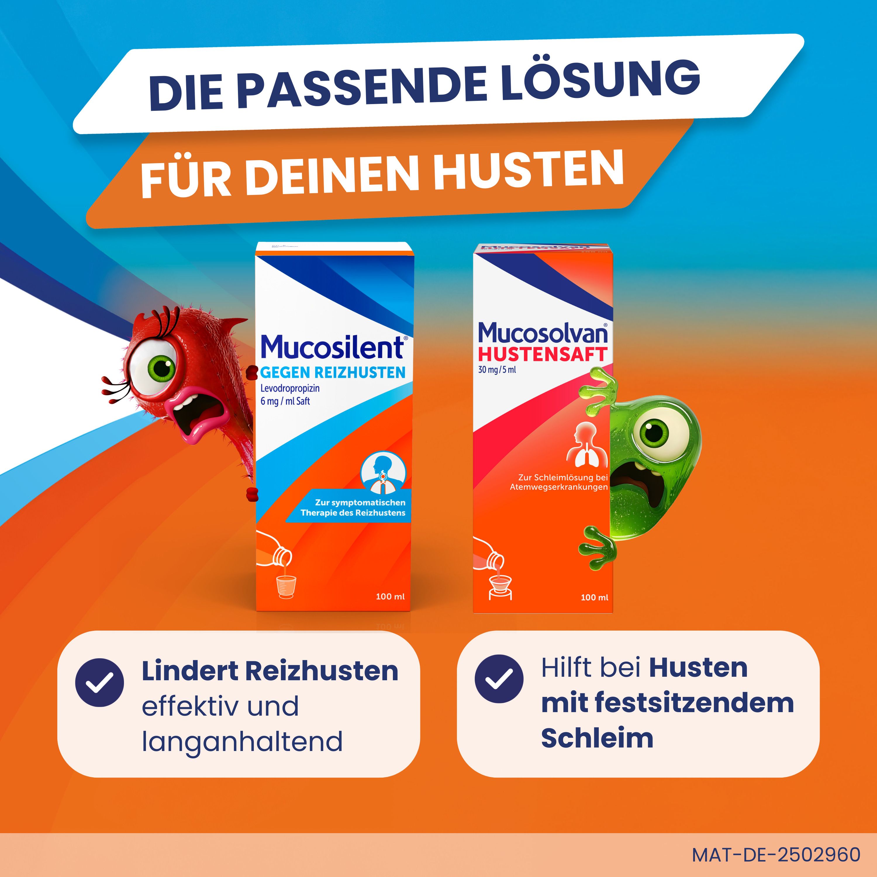 Vergleich von Mucosilent und Mucosolvan. Beide Produkte sind gegen Husten. Text auf blauem und orangefarbenem Hintergrund.