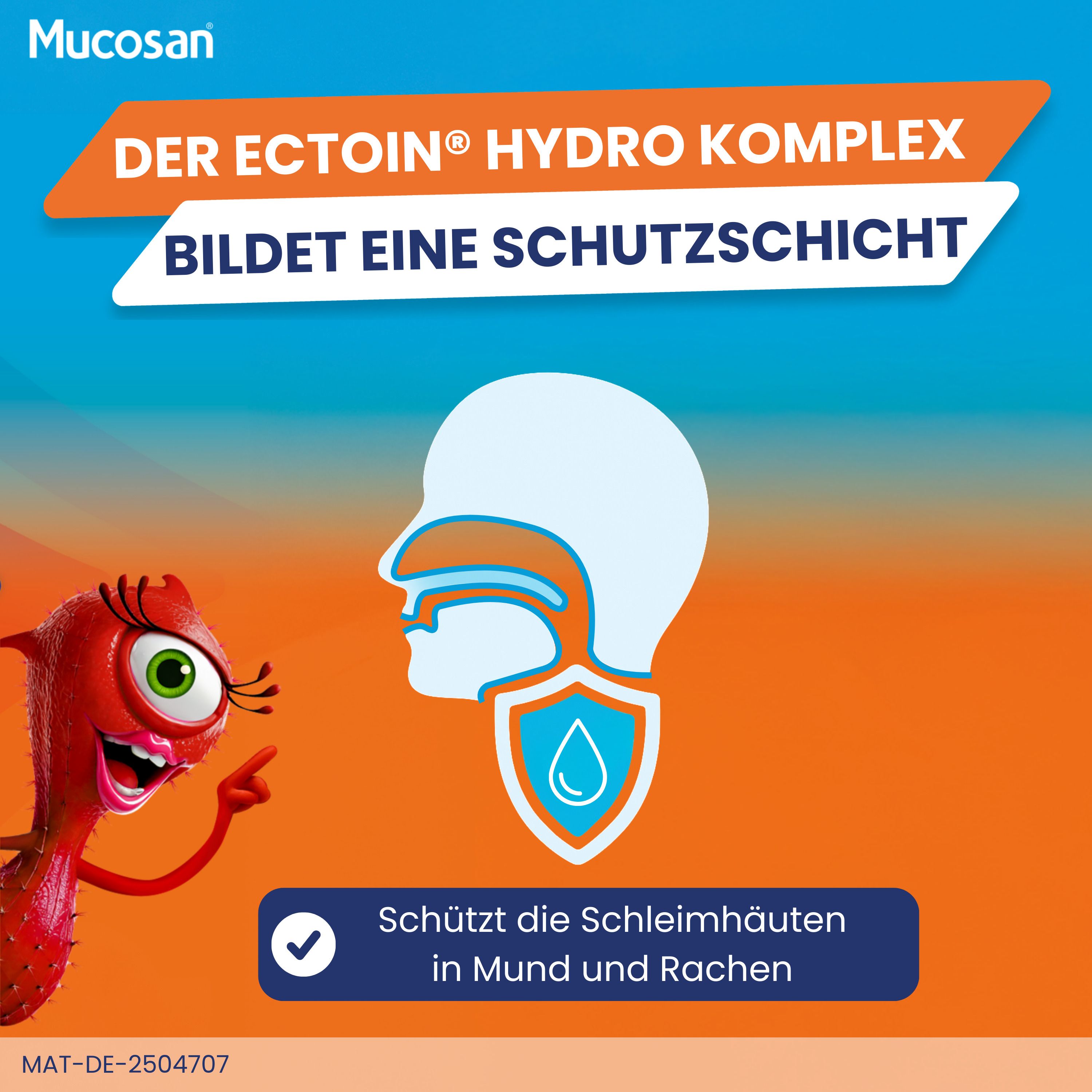 Illustration eines Mundes. Text: Der Ectoin Hydro Komplex bildet eine Schutzschicht. Schützt die Schleimhäute.