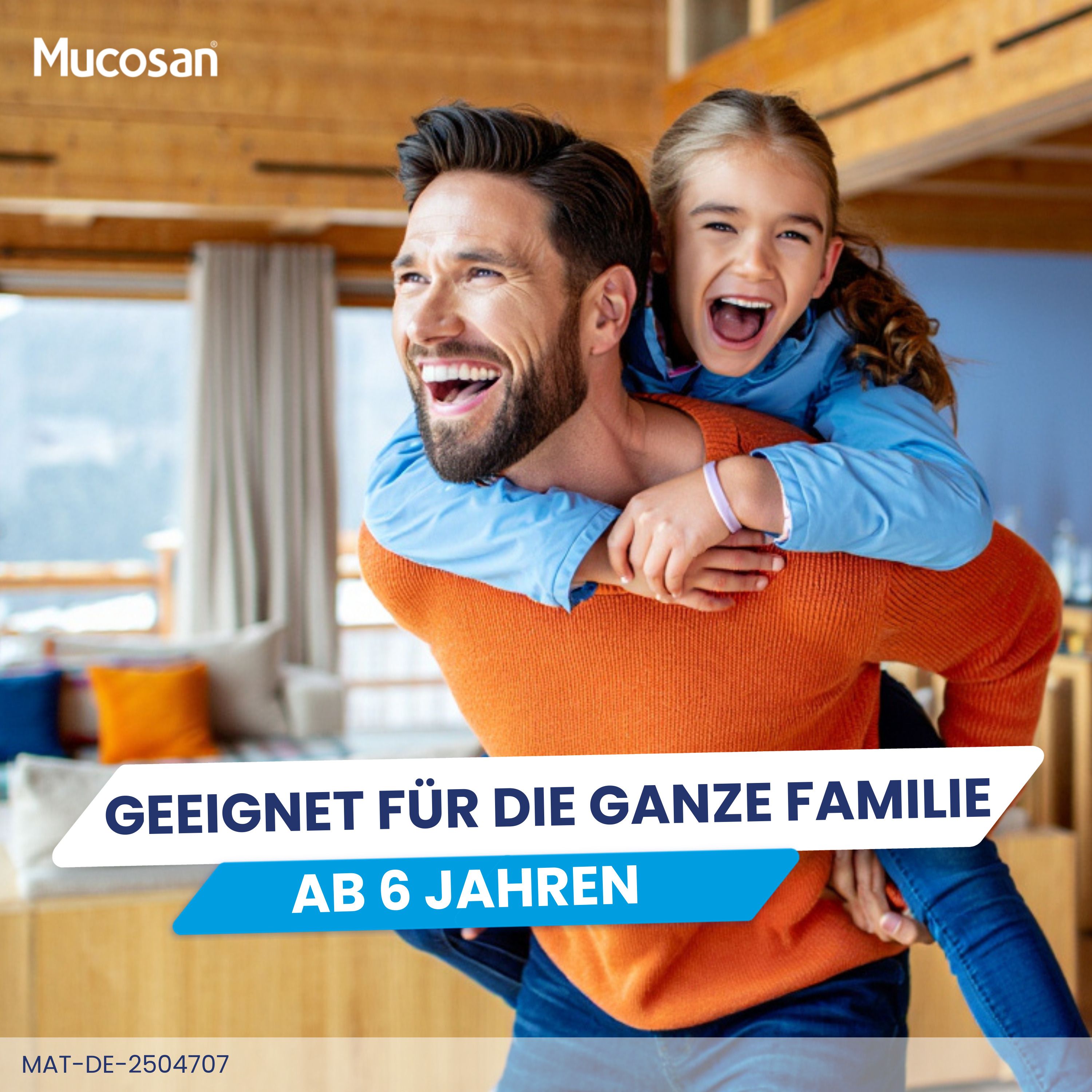 Vater und Tochter lachen. Text: Geeignet für die ganze Familie ab 6 Jahren.